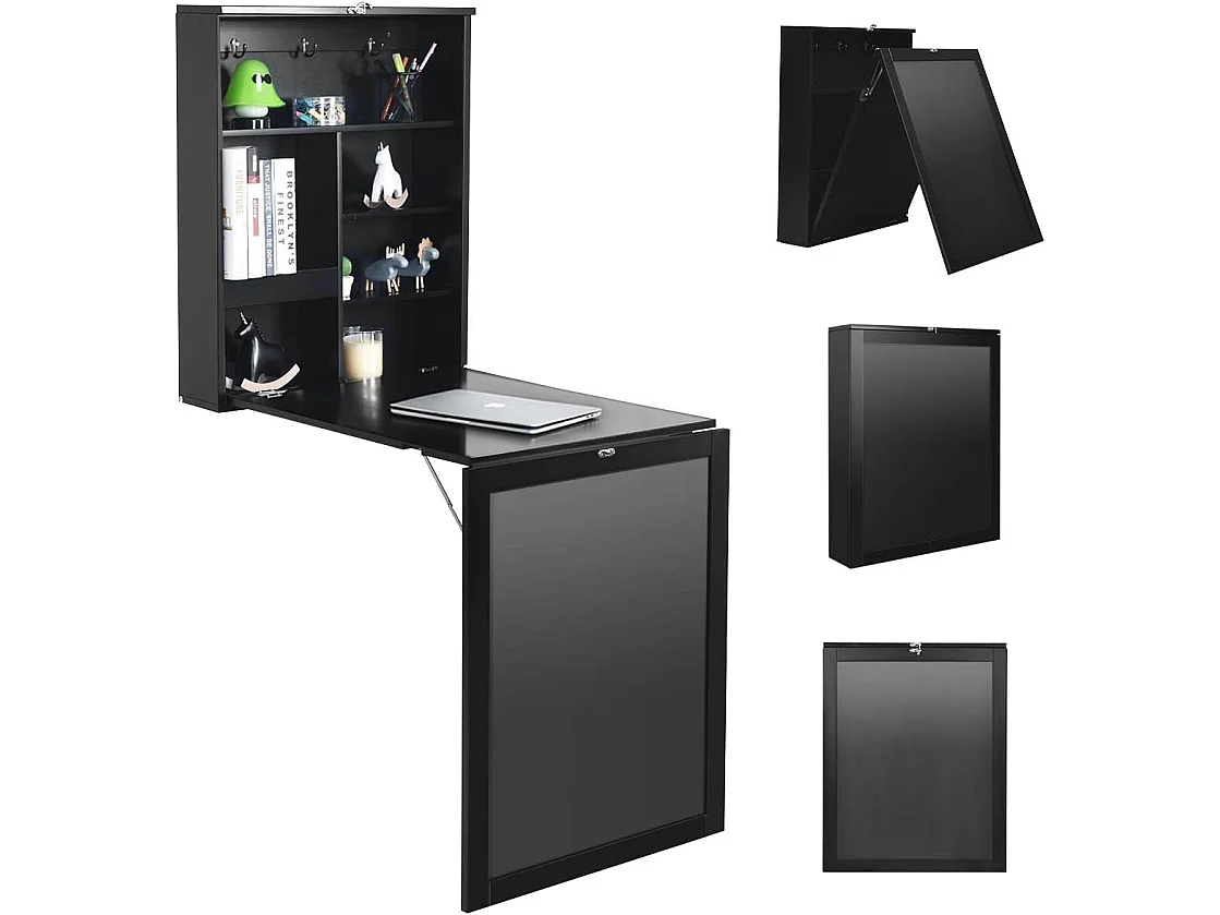 table murale rabattable bureau avec tableau noir, etagère intégrée 75 x 15,8 x 60,1cm