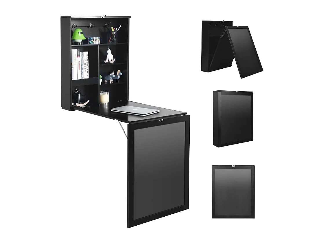 table murale rabattable bureau avec tableau noir, etagère intégrée 75 x 15,8 x 60,1cm