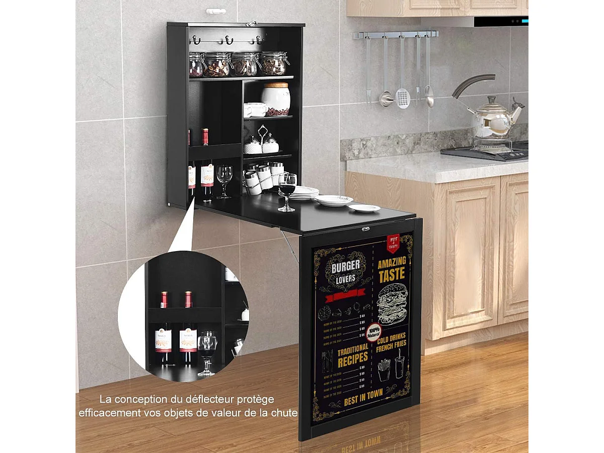 table murale rabattable bureau avec tableau noir, etagère intégrée 75 x 15,8 x 60,1cm