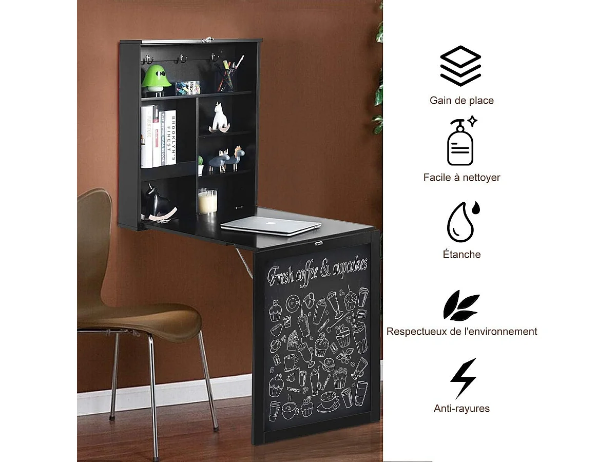 table murale rabattable bureau avec tableau noir, etagère intégrée 75 x 15,8 x 60,1cm