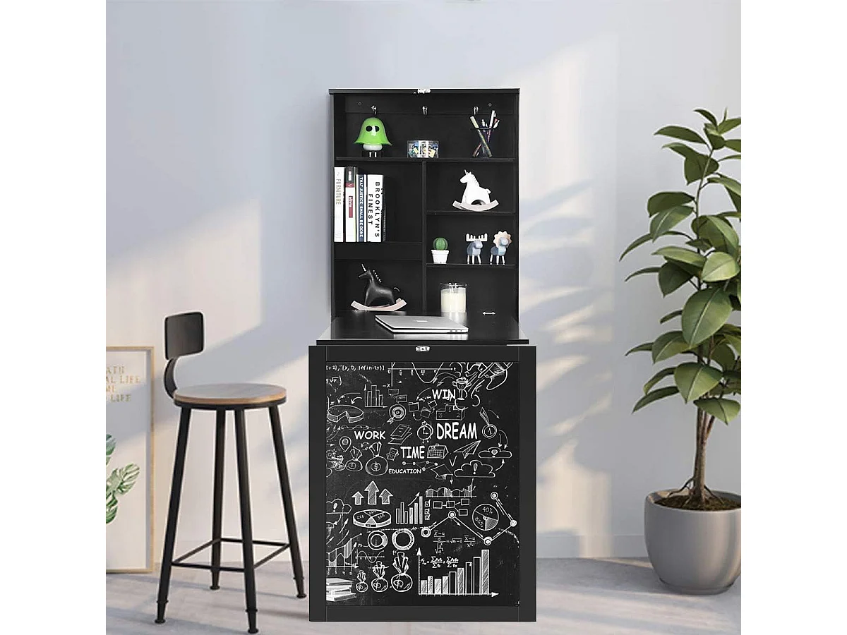 table murale rabattable bureau avec tableau noir, etagère intégrée 75 x 15,8 x 60,1cm