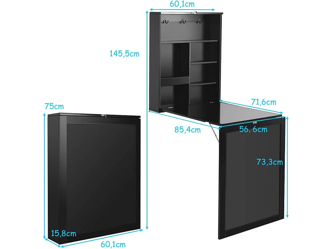 table murale rabattable bureau avec tableau noir, etagère intégrée 75 x 15,8 x 60,1cm