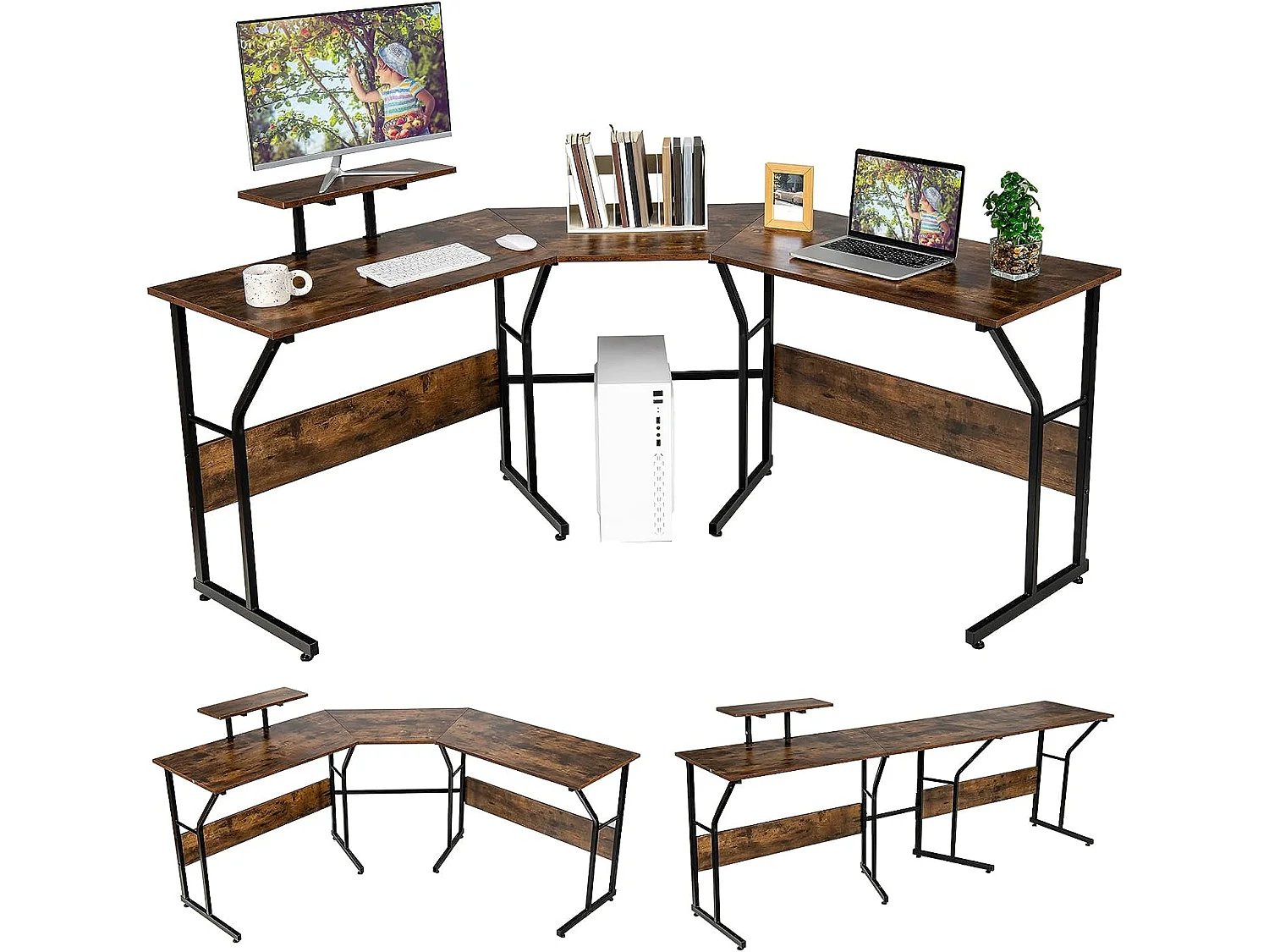 Bureau d’Angle,Table Informatique en Forme de L avecort Mobile d’Écran de PC Marron