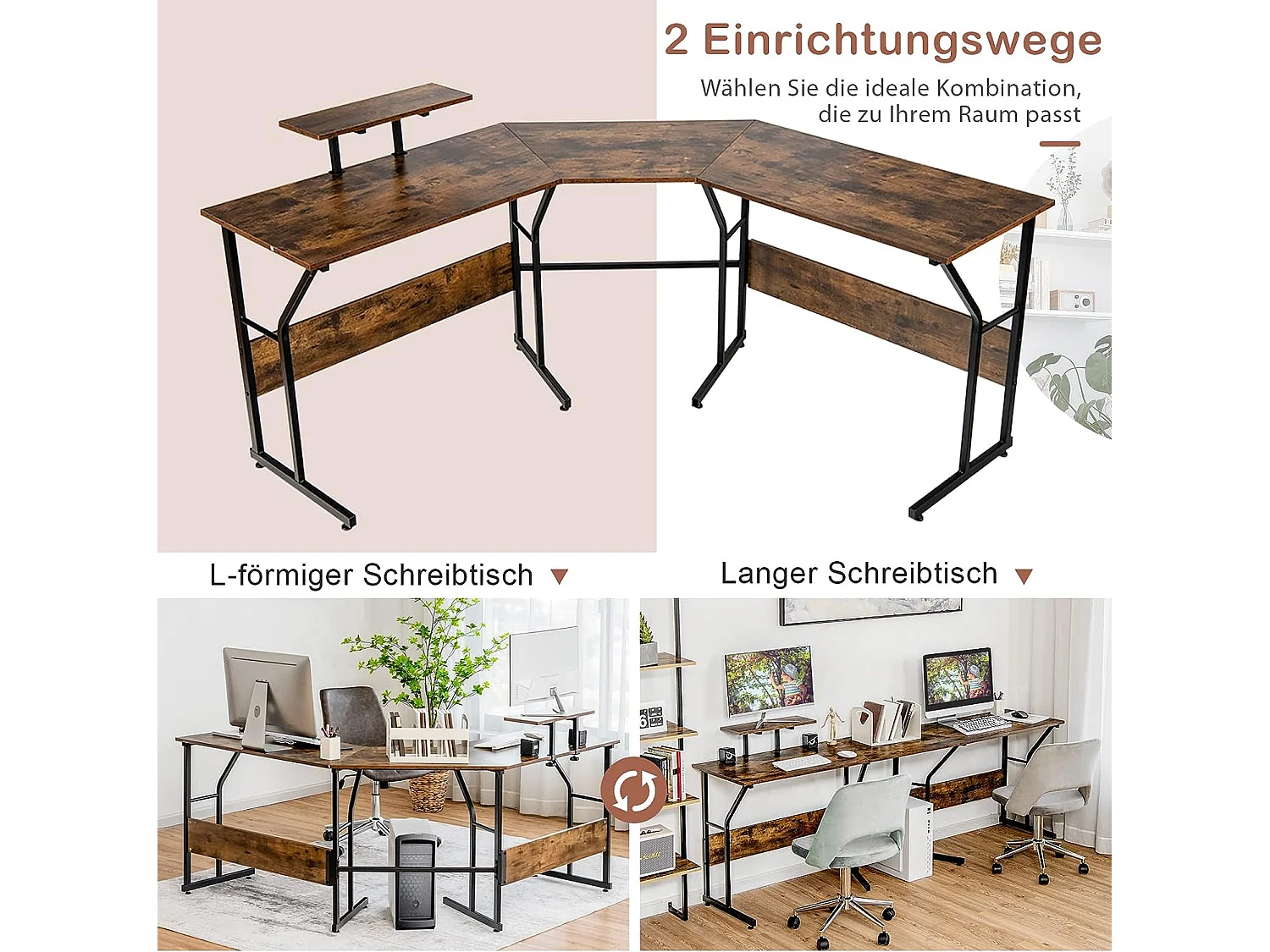 Bureau d’Angle,Table Informatique en Forme de L avecort Mobile d’Écran de PC Marron