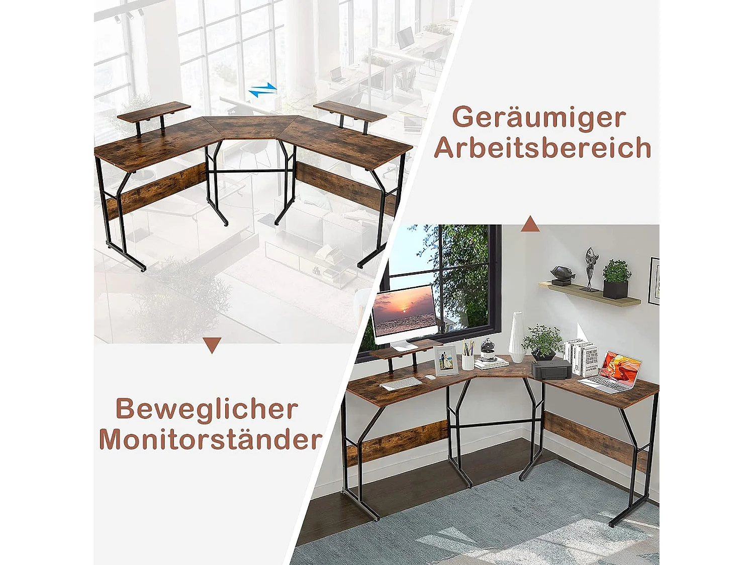 Bureau d’Angle,Table Informatique en Forme de L avecort Mobile d’Écran de PC Marron