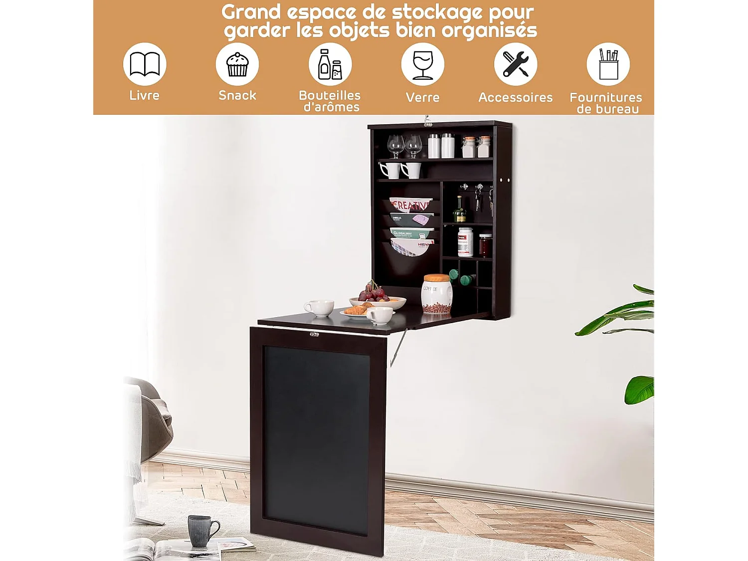 Bureau Mural Rabattable, Table Murale Pliable avec Compartiments Intégrés et Plateau Inscriptible, 87 x 60 x 150 CM Marron