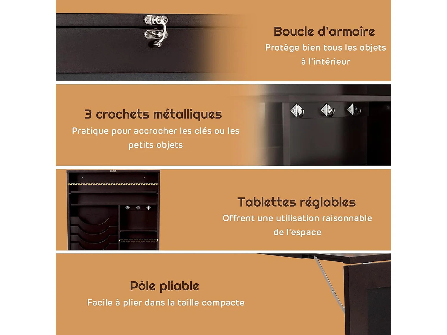 Bureau Mural Rabattable, Table Murale Pliable avec Compartiments Intégrés et Plateau Inscriptible, 87 x 60 x 150 CM Marron