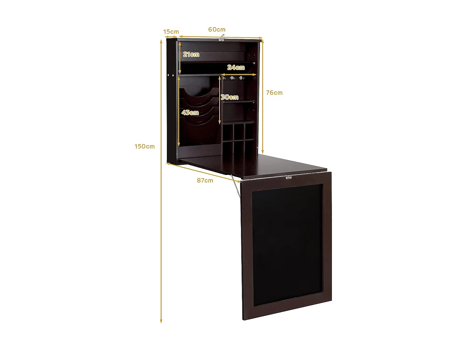 Bureau Mural Rabattable, Table Murale Pliable avec Compartiments Intégrés et Plateau Inscriptible, 87 x 60 x 150 CM Marron