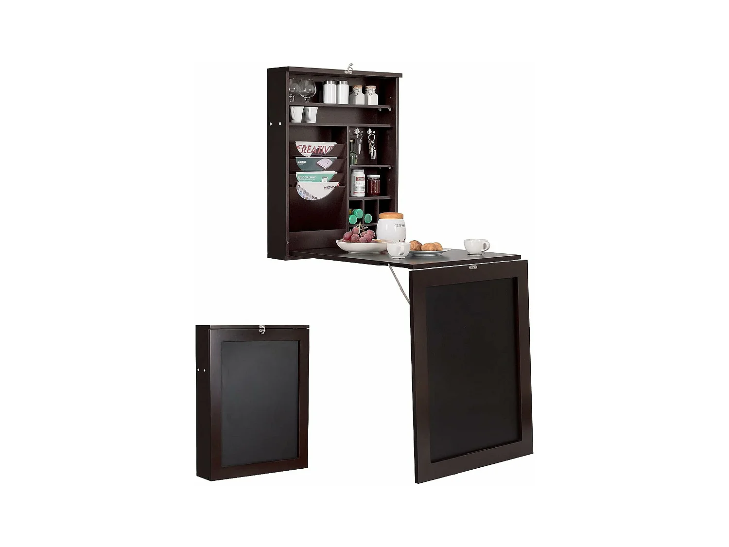 Bureau Mural Rabattable, Table Murale Pliable avec Compartiments Intégrés et Plateau Inscriptible, 87 x 60 x 150 CM Marron