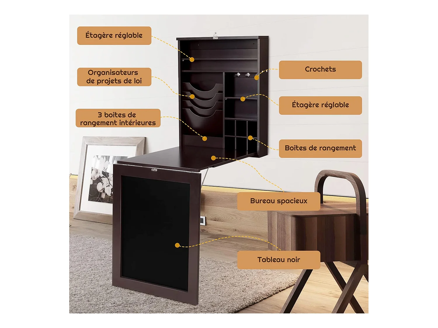 Bureau Mural Rabattable, Table Murale Pliable avec Compartiments Intégrés et Plateau Inscriptible, 87 x 60 x 150 CM Marron