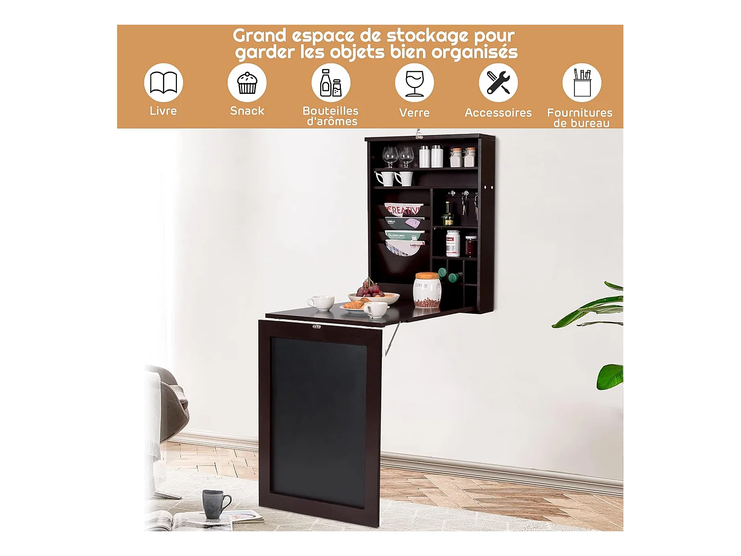 Bureau Mural Rabattable, Table Murale Pliable avec Compartiments Intégrés et Plateau Inscriptible, 87 x 60 x 150 CM Marron