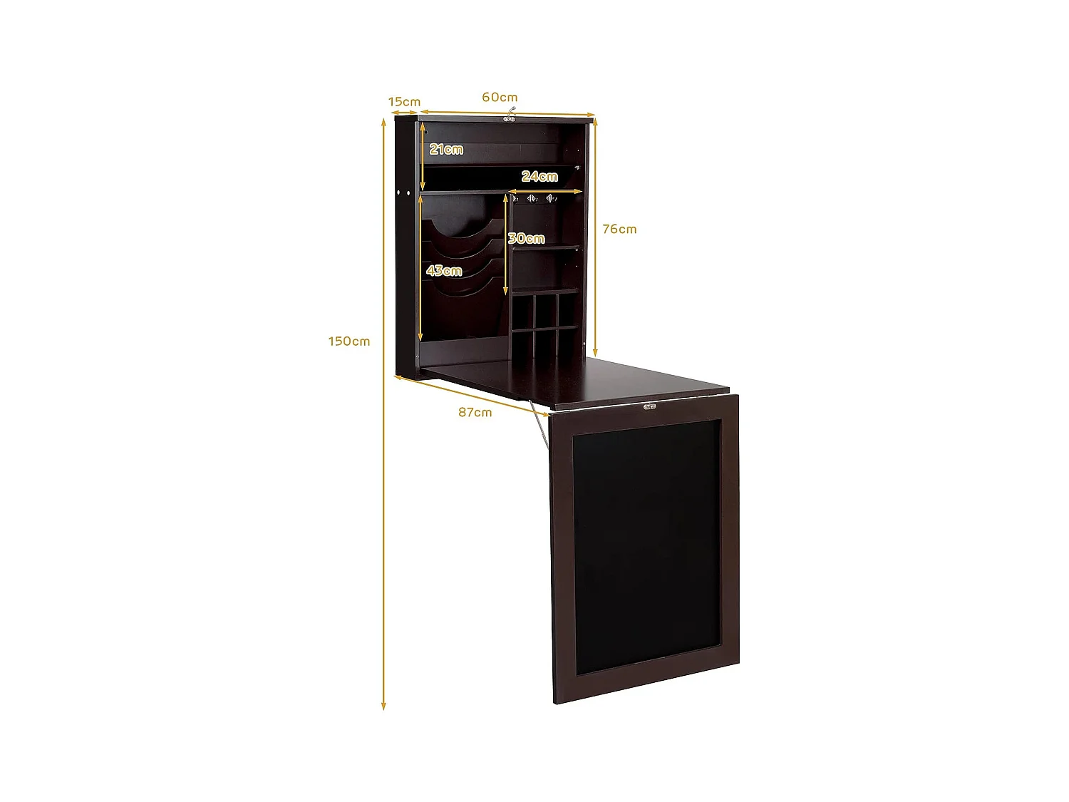 Bureau Mural Rabattable, Table Murale Pliable avec Compartiments Intégrés et Plateau Inscriptible, 87 x 60 x 150 CM Marron