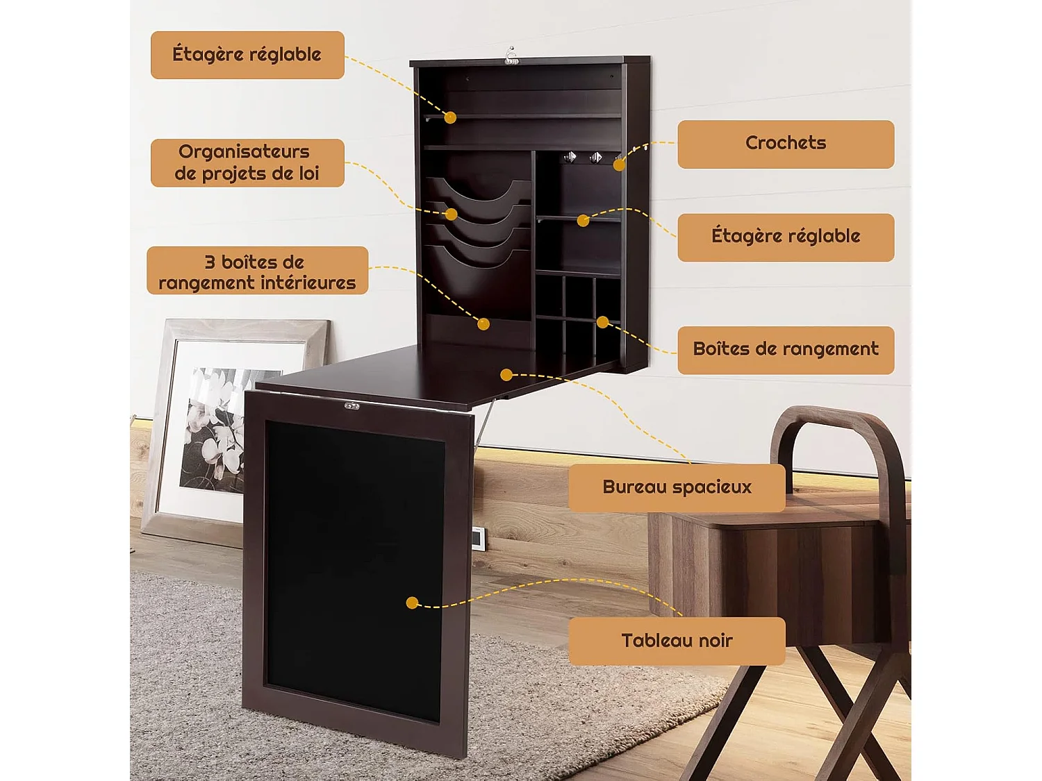 Bureau Mural Rabattable, Table Murale Pliable avec Compartiments Intégrés et Plateau Inscriptible, 87 x 60 x 150 CM Marron