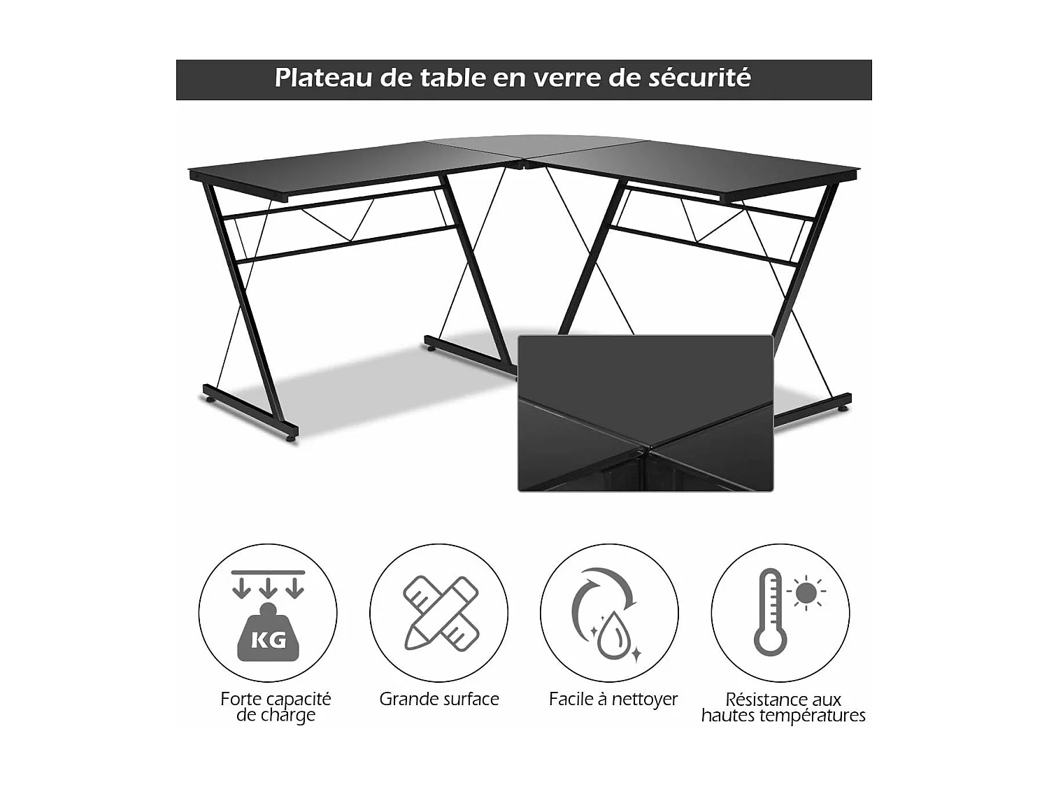 Bureau informatique en forme L, Table d’angle ordinateur Noir de style moderne peut être divisée