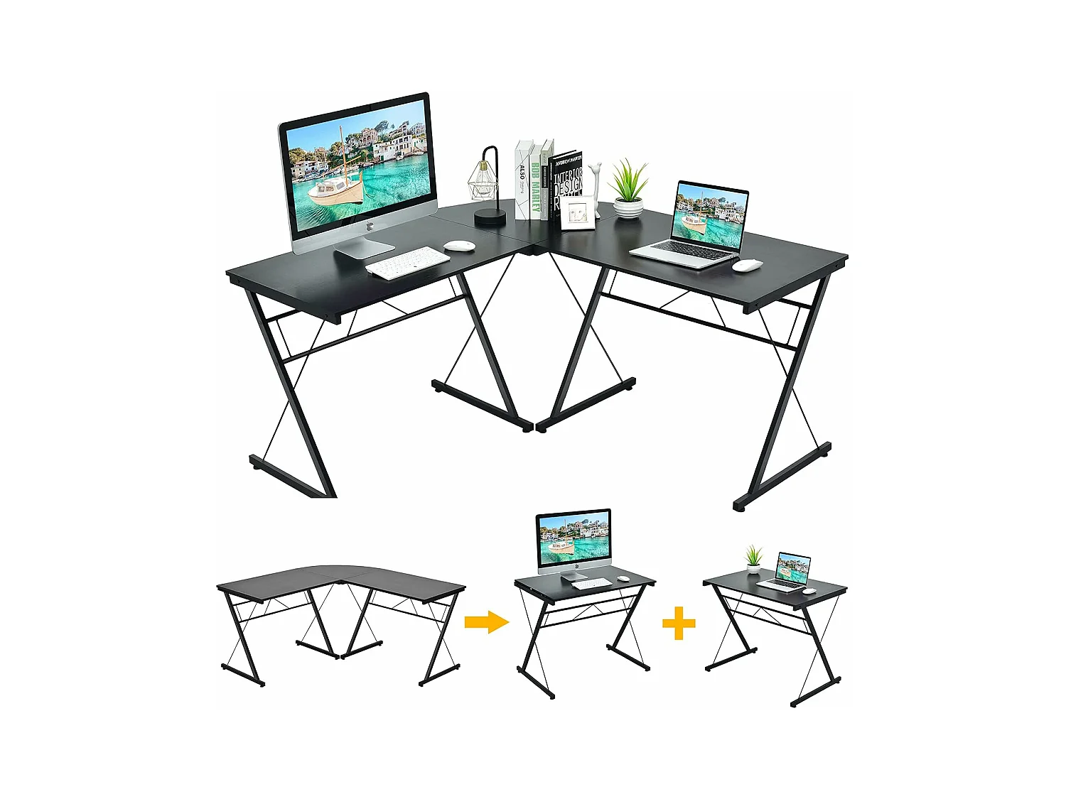 Bureau informatique en forme L, Table d’angle ordinateur Noir de style moderne peut être divisée
