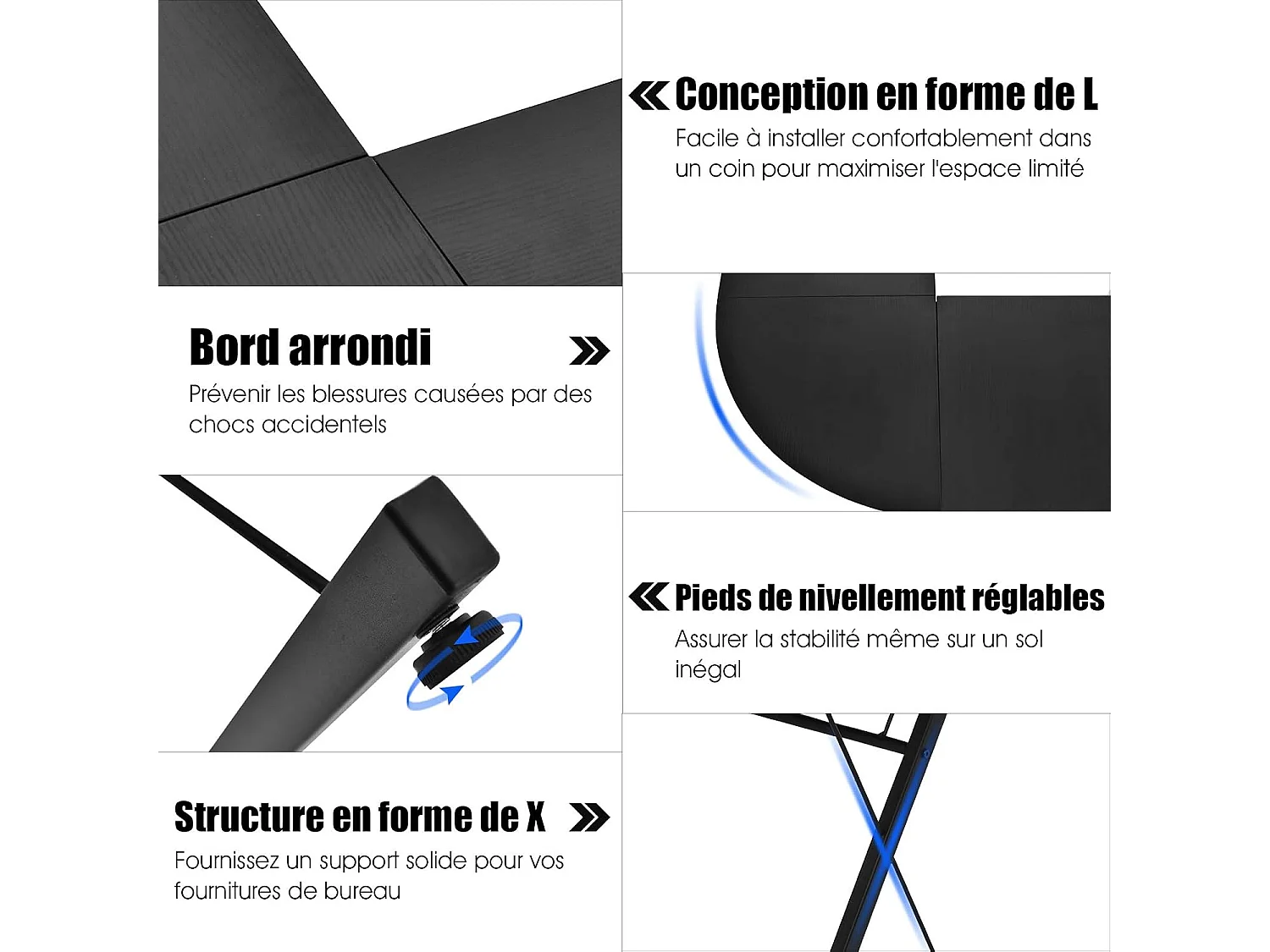 Bureau informatique en forme L, Table d’angle ordinateur Noir de style moderne peut être divisée