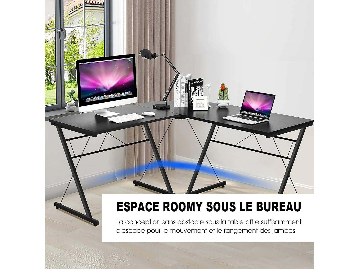 Bureau informatique en forme L, Table d’angle ordinateur Noir de style moderne peut être divisée