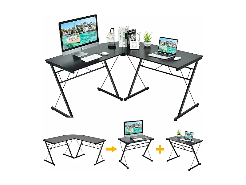 Bureau informatique en forme L, Table d’angle ordinateur Noir de style moderne peut être divisée