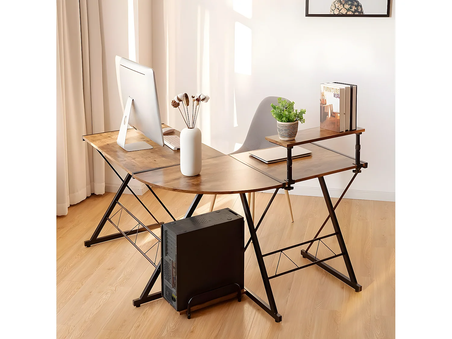 Bureau/Table Informatique,Bureau/Table d’Angle Ordinateur Coin en Bois et Métal avec 6 Pieds Réglables 168 x 125 x 74CM