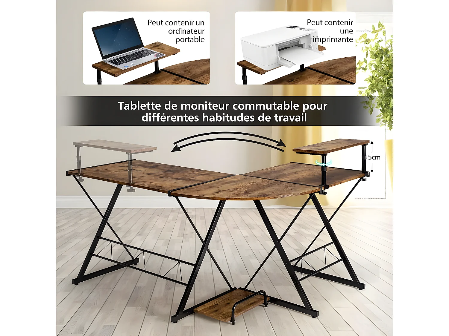 Bureau/Table Informatique,Bureau/Table d’Angle Ordinateur Coin en Bois et Métal avec 6 Pieds Réglables 168 x 125 x 74CM