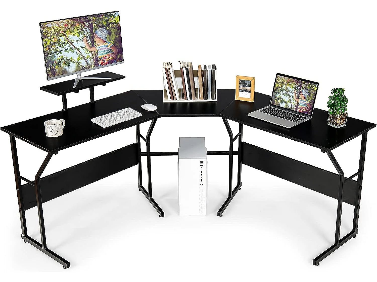 Bureau d’Angle,Table Informatique en Forme de L avecort Mobile d’Écran de PC Noir