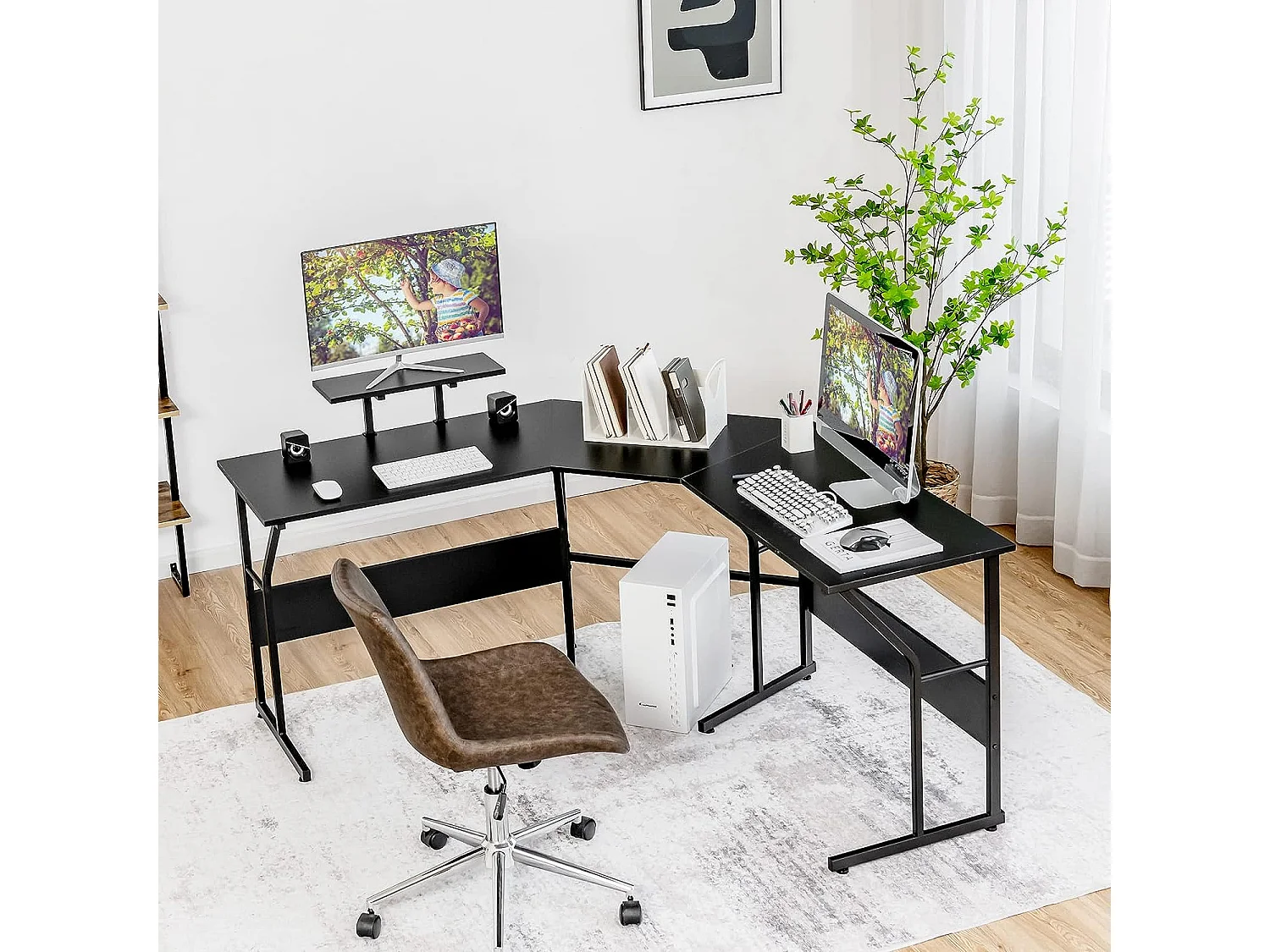 Bureau d’Angle,Table Informatique en Forme de L avecort Mobile d’Écran de PC Noir