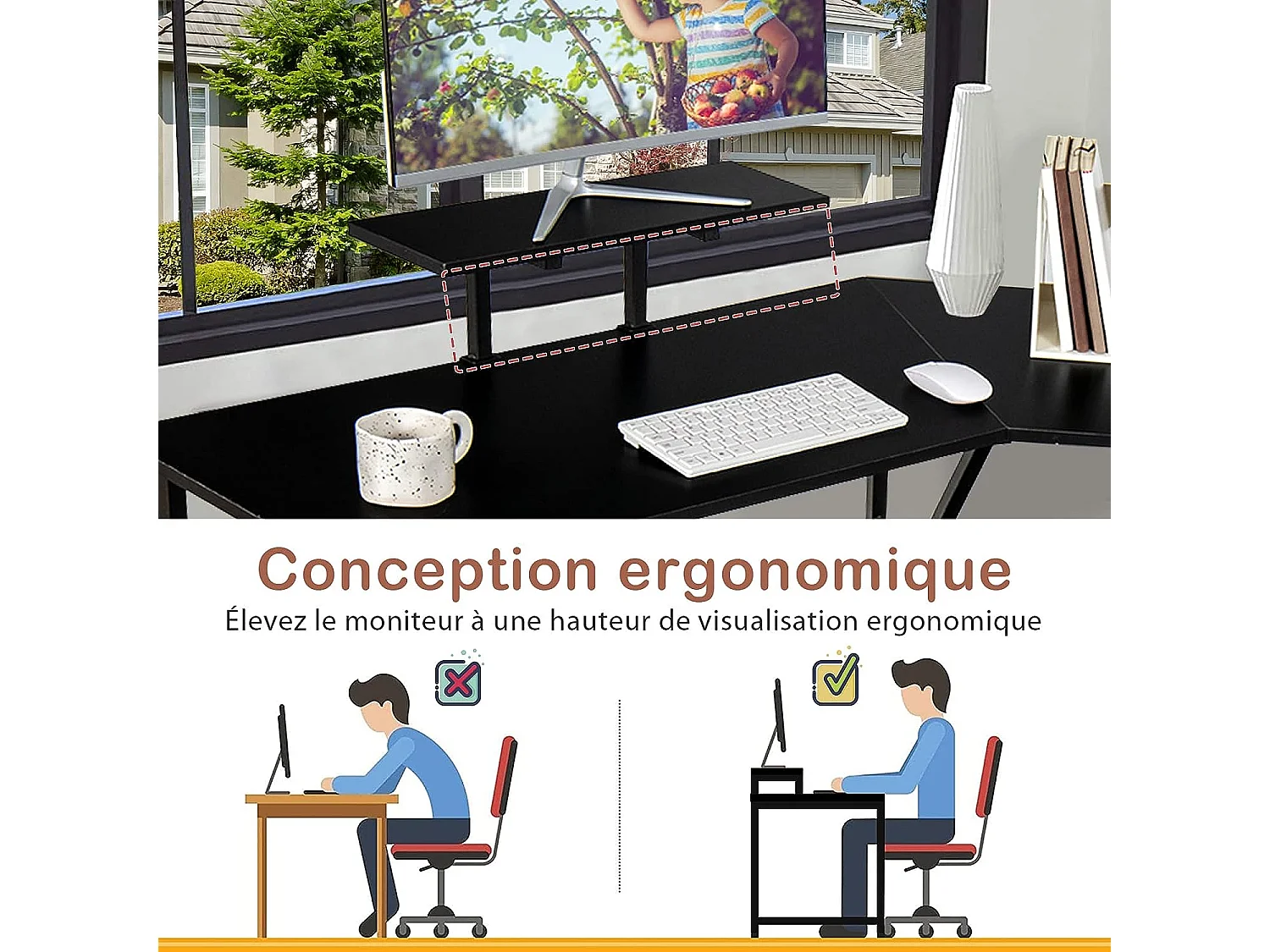 Bureau d’Angle,Table Informatique en Forme de L avecort Mobile d’Écran de PC Noir