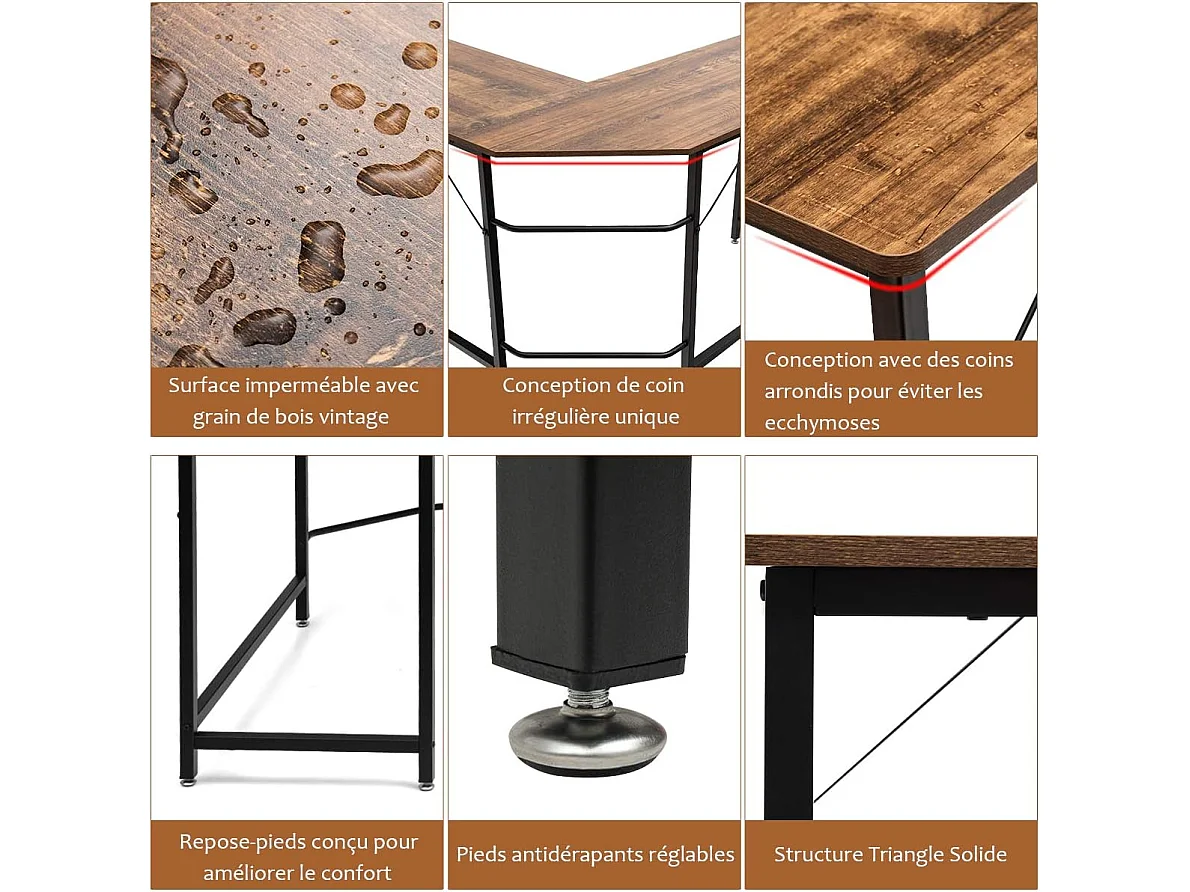 Bureau/Table Informatique,Bureau/Table d’Angle Ordinateur Coin en Bois et Métal avec 6 Pieds Réglables 168 x 125 x 74CM (Café)