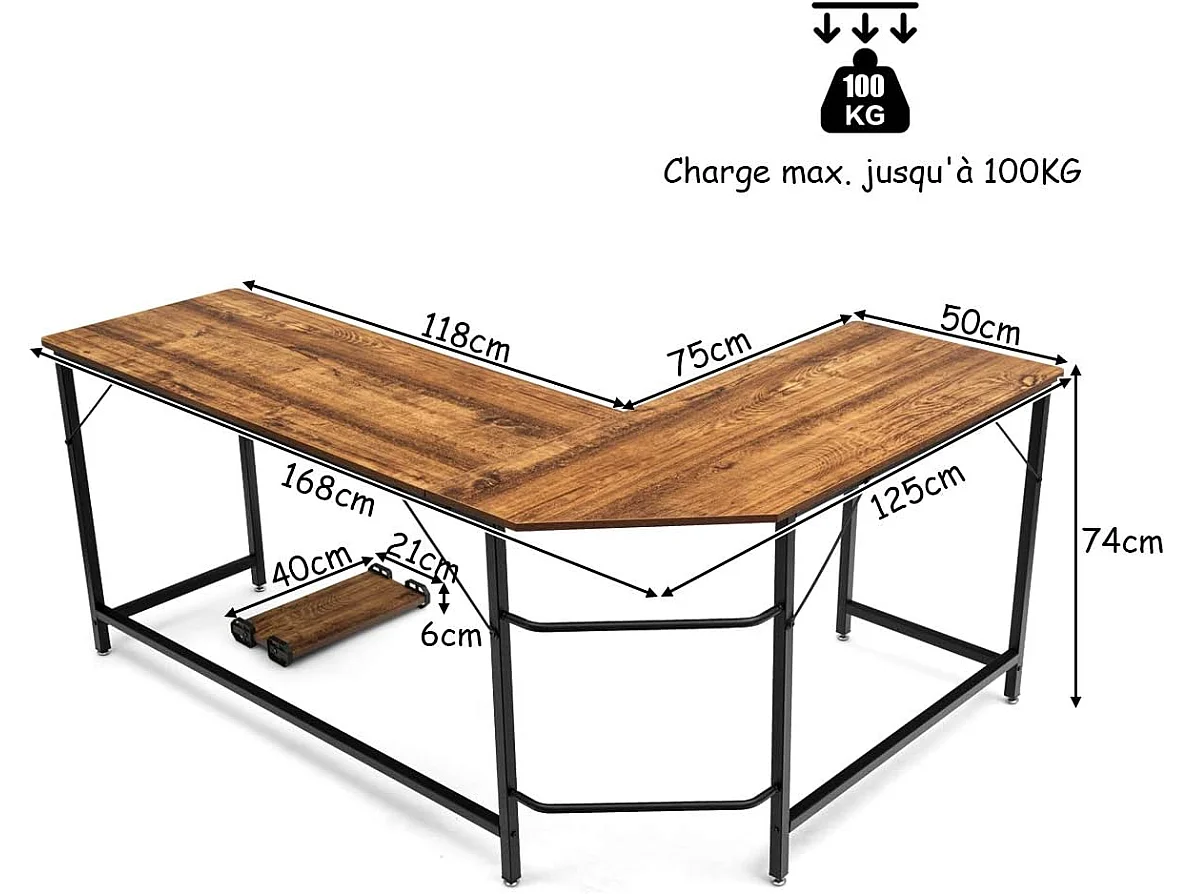 Bureau/Table Informatique,Bureau/Table d’Angle Ordinateur Coin en Bois et Métal avec 6 Pieds Réglables 168 x 125 x 74CM (Café)