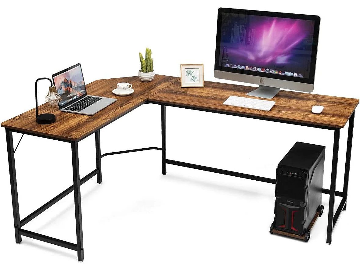 Bureau/Table Informatique,Bureau/Table d’Angle Ordinateur Coin en Bois et Métal avec 6 Pieds Réglables 168 x 125 x 74CM (Café)