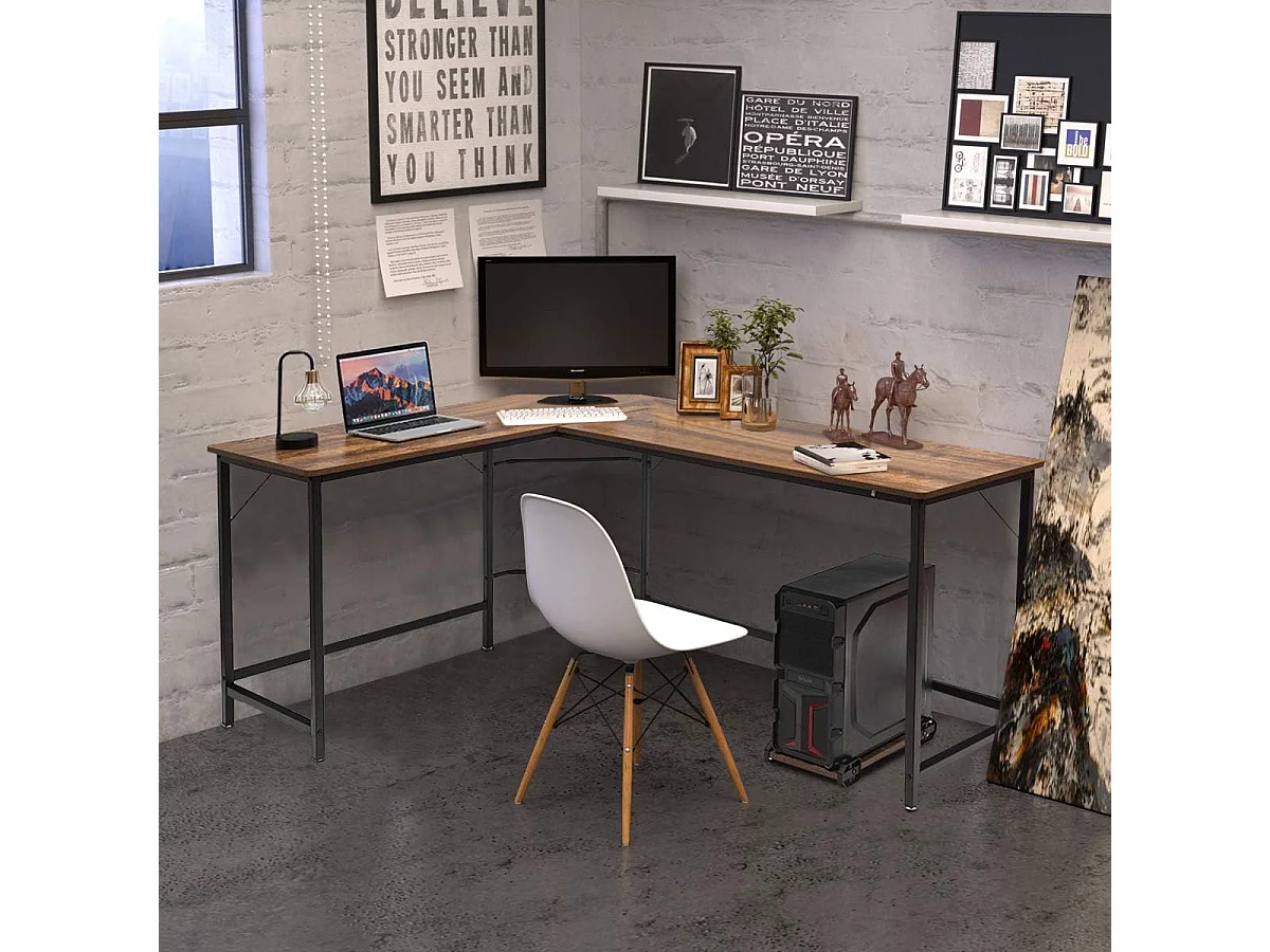 Bureau/Table Informatique,Bureau/Table d’Angle Ordinateur Coin en Bois et Métal avec 6 Pieds Réglables 168 x 125 x 74CM (Café)