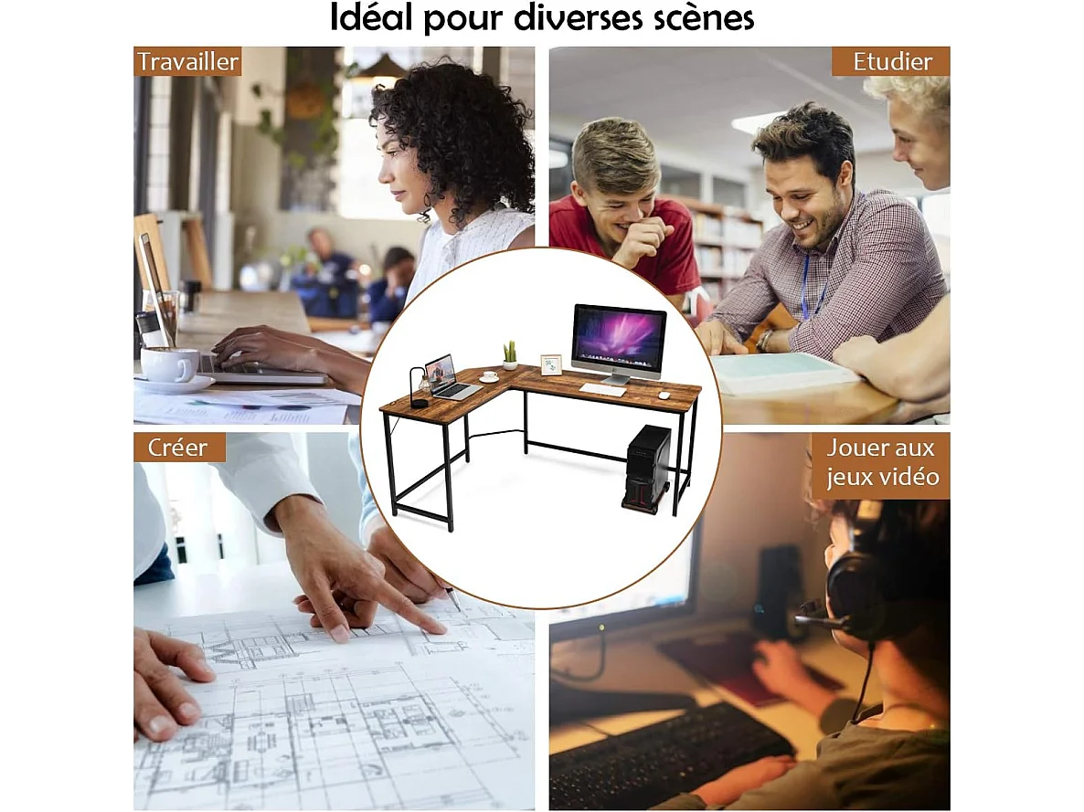 Bureau/Table Informatique,Bureau/Table d’Angle Ordinateur Coin en Bois et Métal avec 6 Pieds Réglables 168 x 125 x 74CM (Café)