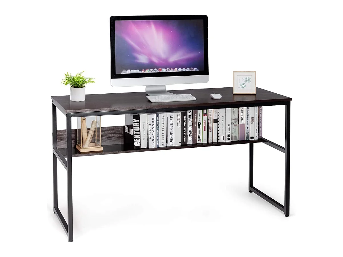Bureau et Postes de Travail Industriel 140X60X76CM avec Etagère de Rangement, Pieds avec Patins Réglables, Cadre en Métal pour Bureau à Domicile Chambre-Marron