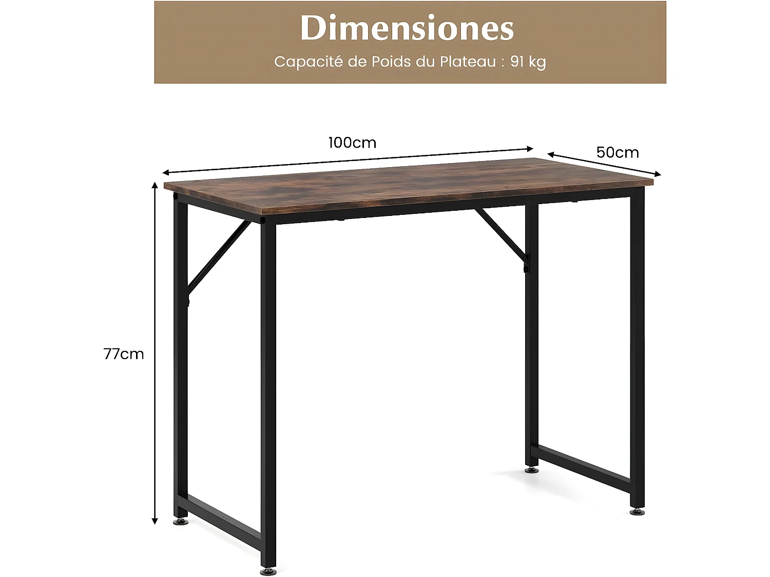 bureau informatique droit - structure en métal -100 x 50 x 75 cm - marron rustique