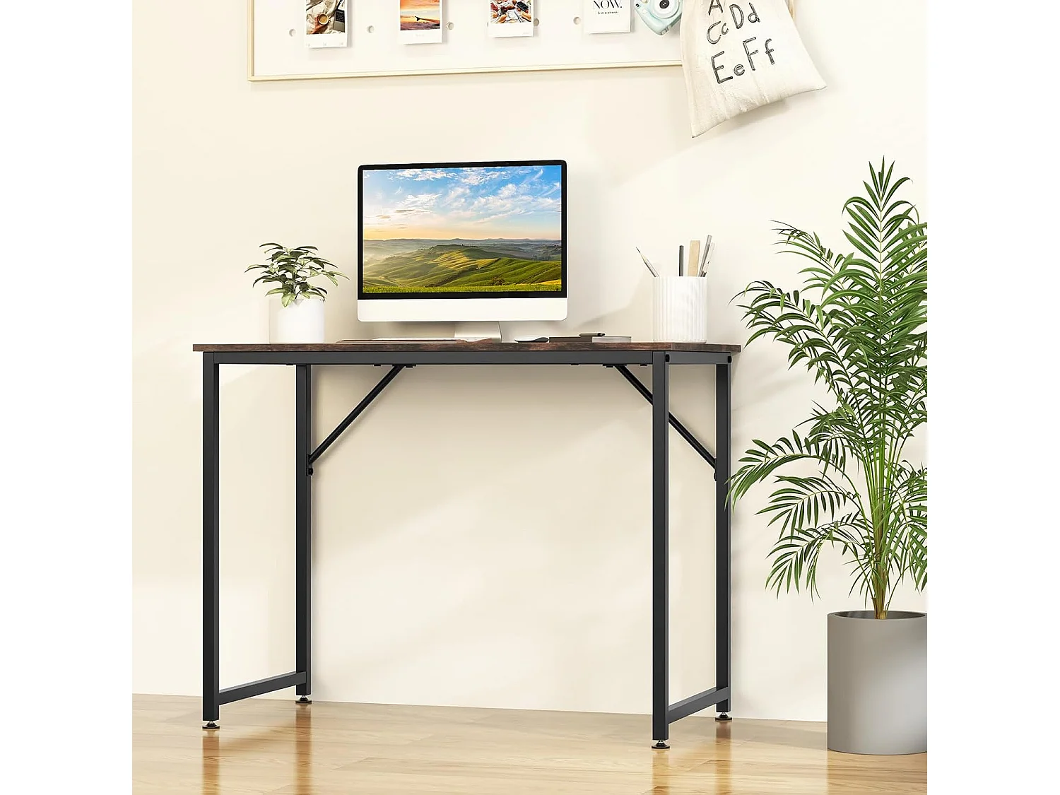 bureau informatique droit - structure en métal -100 x 50 x 75 cm - marron rustique