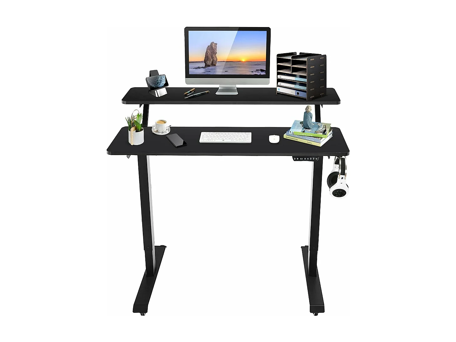 Bureau Assis-Debout Électrique, Bureau Réglable en Hauteur à 2 Niveaux avec Roues, 2 Plateaux de Table 120 x 68 cm et Réglage de la Mémoire, Charge Max 80KG (Noir)