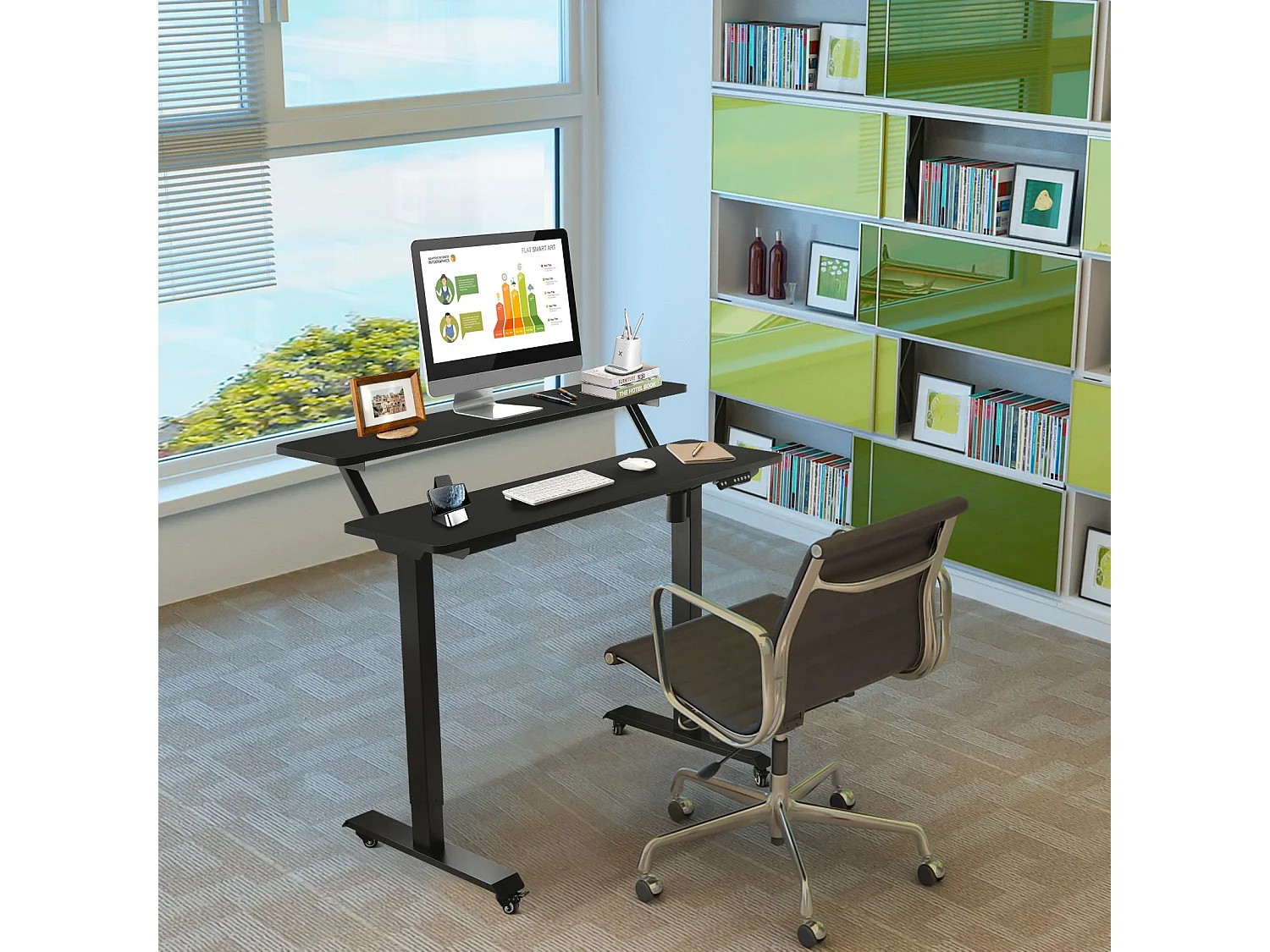 Bureau Assis-Debout Électrique, Bureau Réglable en Hauteur à 2 Niveaux avec Roues, 2 Plateaux de Table 120 x 68 cm et Réglage de la Mémoire, Charge Max 80KG (Noir)