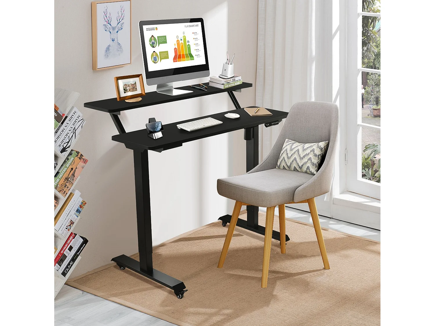 Bureau Assis-Debout Électrique, Bureau Réglable en Hauteur à 2 Niveaux avec Roues, 2 Plateaux de Table 120 x 68 cm et Réglage de la Mémoire, Charge Max 80KG (Noir)