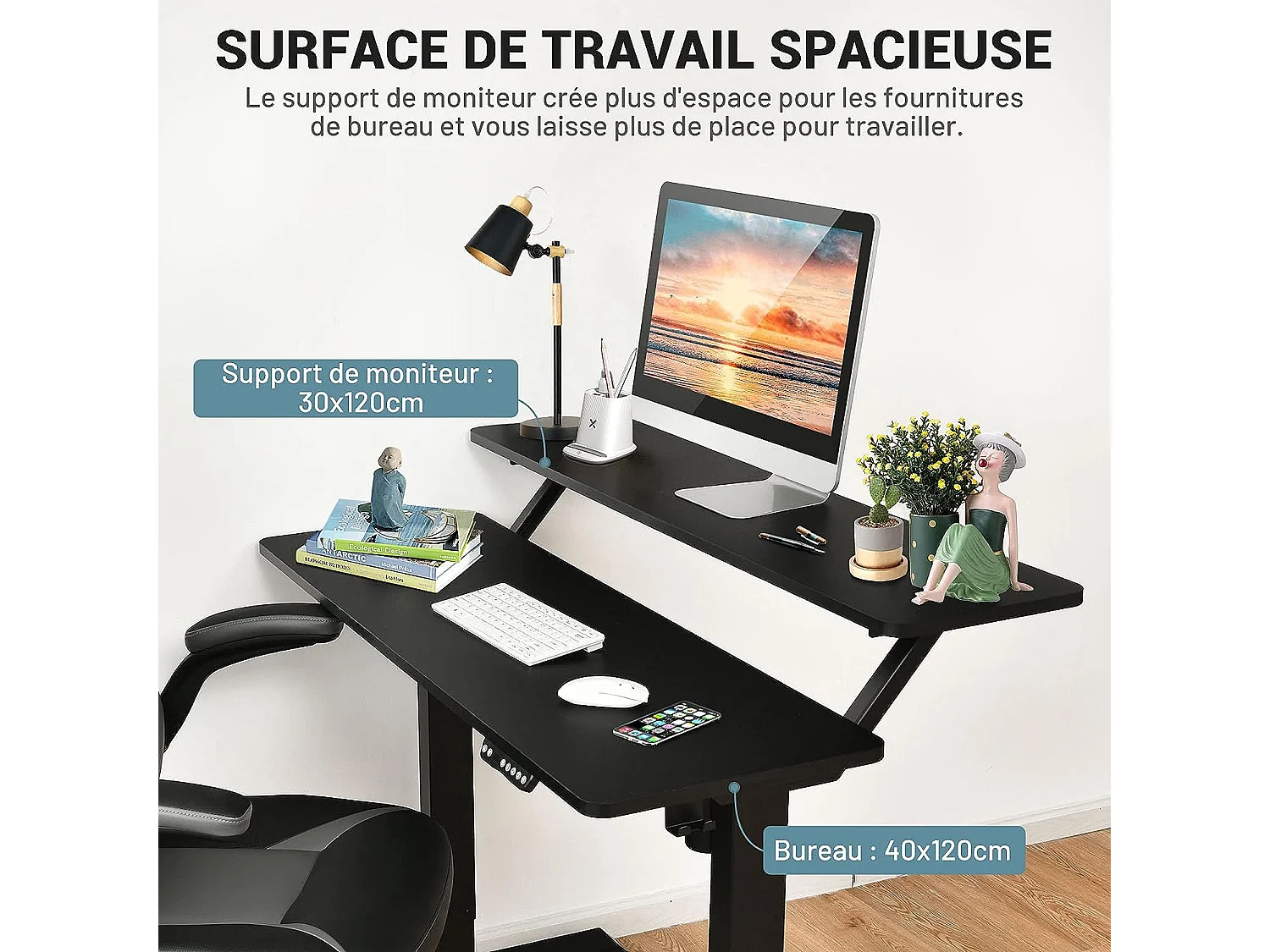 Bureau Assis-Debout Électrique, Bureau Réglable en Hauteur à 2 Niveaux avec Roues, 2 Plateaux de Table 120 x 68 cm et Réglage de la Mémoire, Charge Max 80KG (Noir)