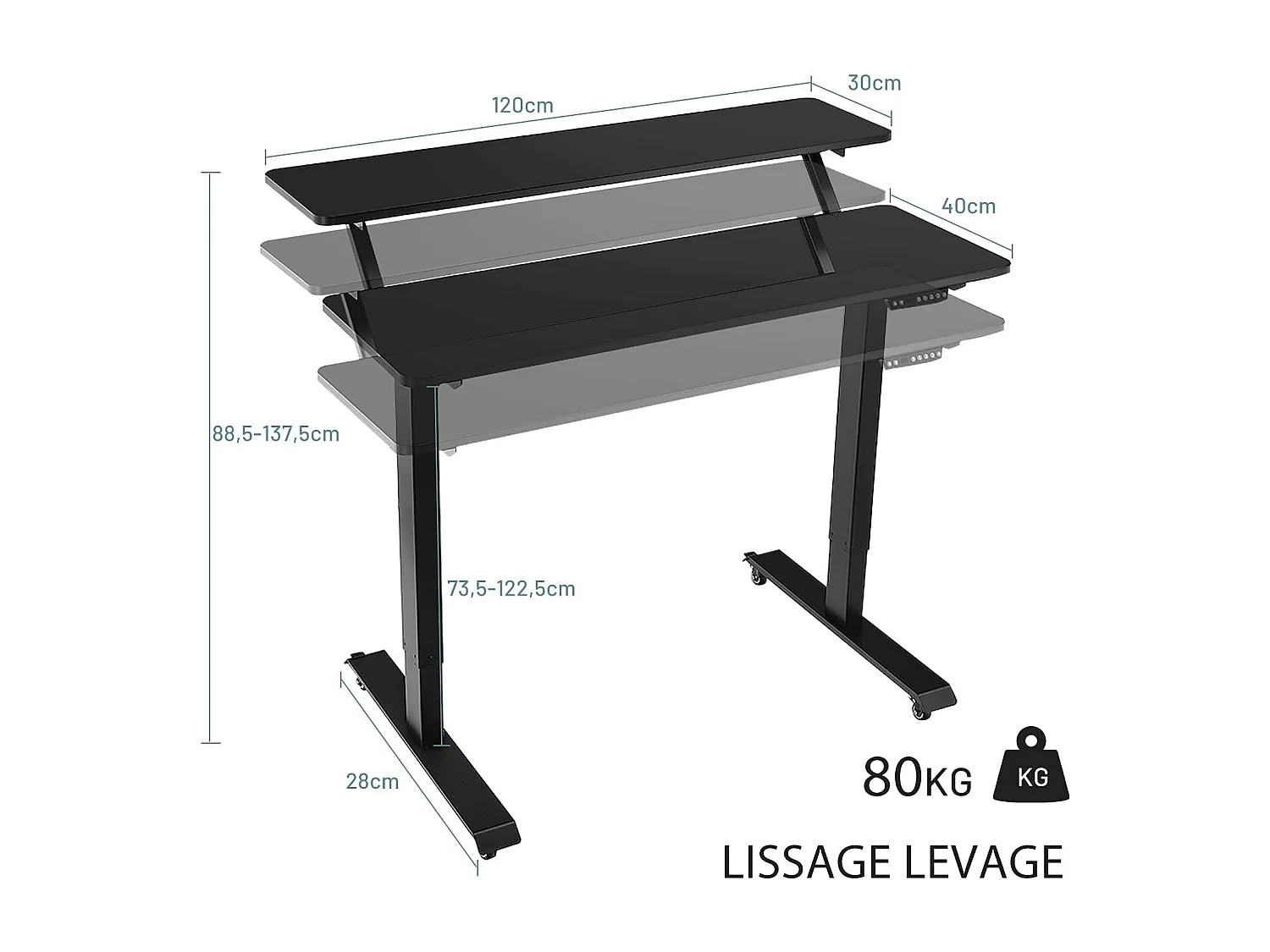 Bureau Assis-Debout Électrique, Bureau Réglable en Hauteur à 2 Niveaux avec Roues, 2 Plateaux de Table 120 x 68 cm et Réglage de la Mémoire, Charge Max 80KG (Noir)