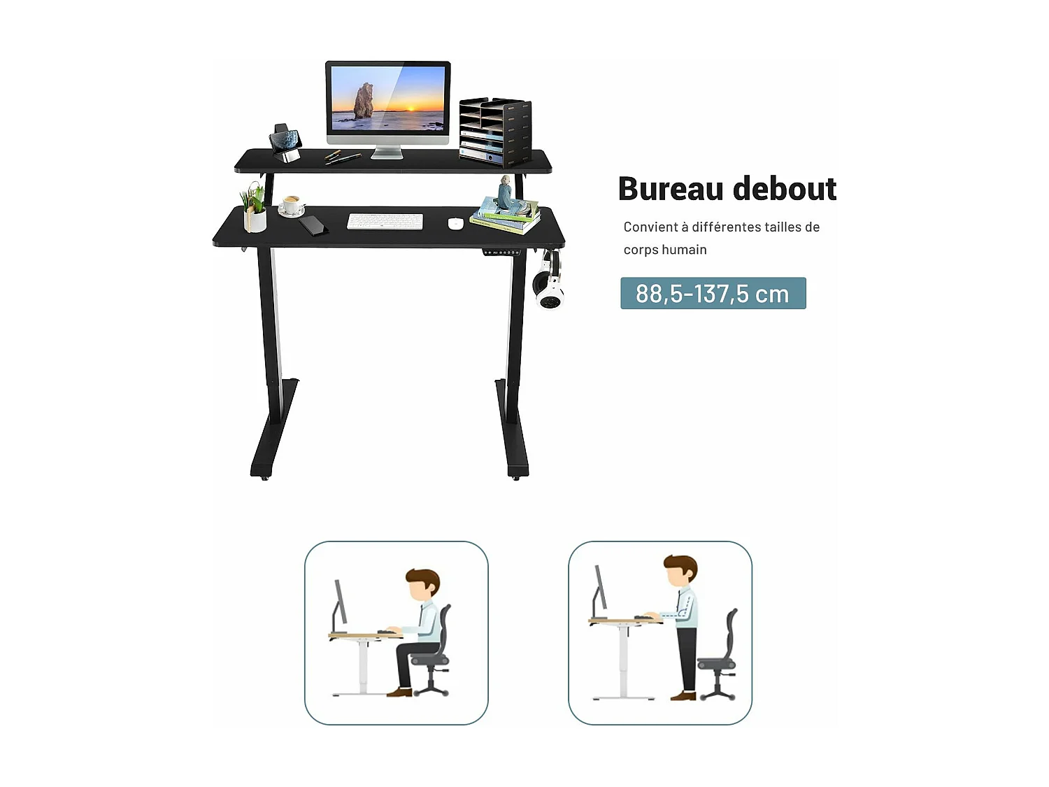 Bureau Assis-Debout Électrique, Bureau Réglable en Hauteur à 2 Niveaux avec Roues, 2 Plateaux de Table 120 x 68 cm et Réglage de la Mémoire, Charge Max 80KG (Noir)