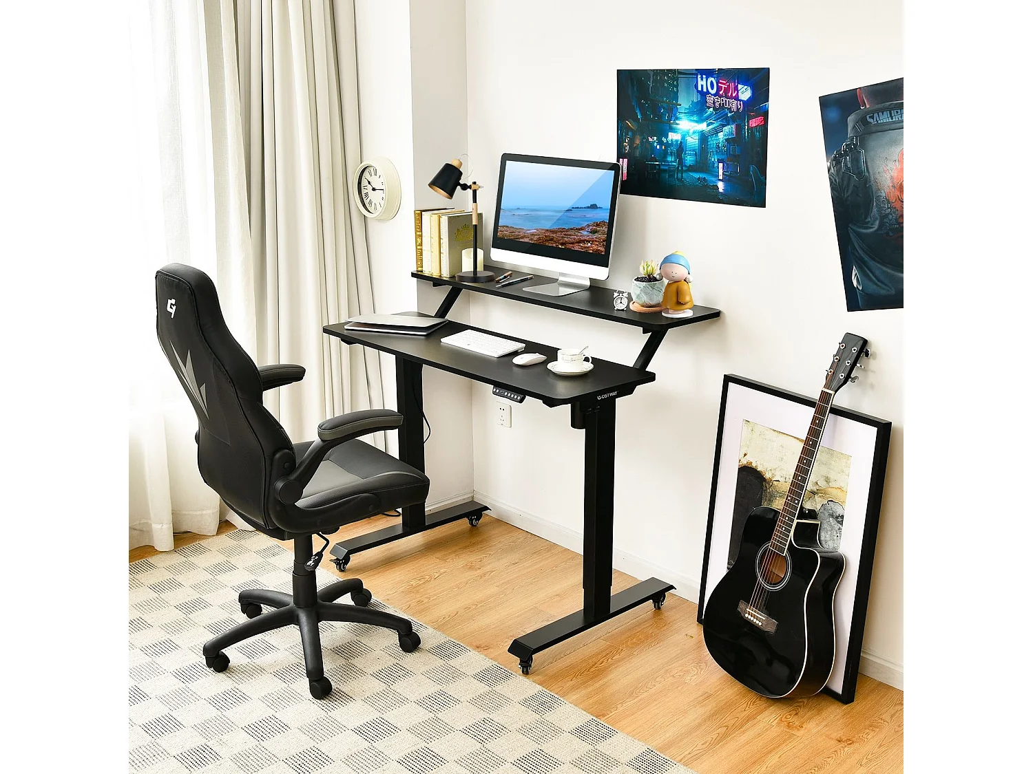 Bureau Assis-Debout Électrique, Bureau Réglable en Hauteur à 2 Niveaux avec Roues, 2 Plateaux de Table 120 x 68 cm et Réglage de la Mémoire, Charge Max 80KG (Noir)