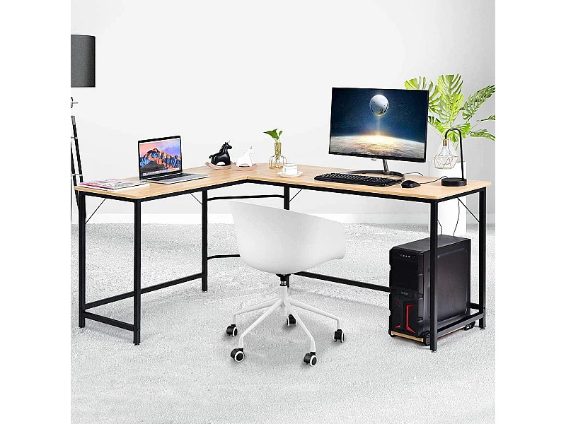 Bureau informatic en forme L avec Support PC Central, Poste de Travail Industriel Bureau Informatique Cadre en Fer, Table d'Ordianteaur pour Bureau, Salon, 168 x 125 x 74 cm(Naturel)