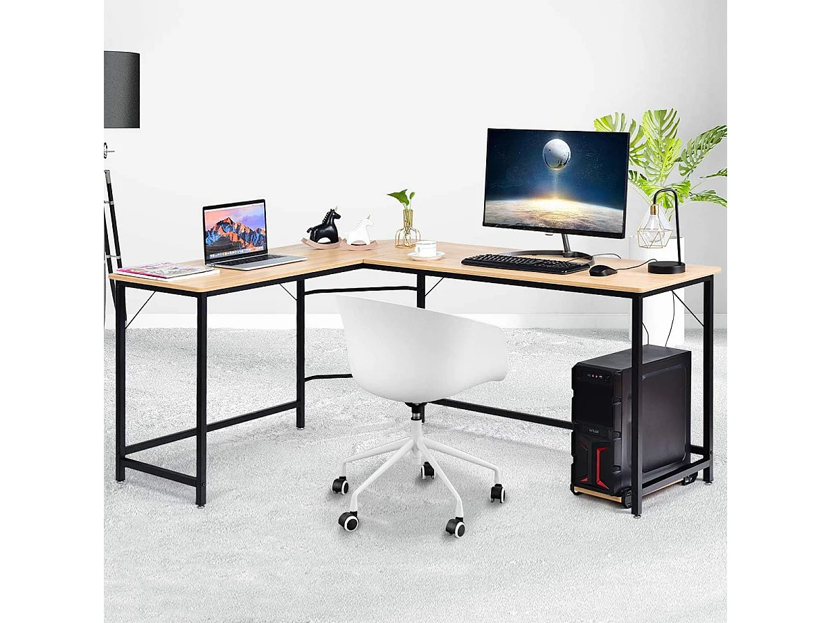 Bureau informatic en forme L avec Support PC Central, Poste de Travail Industriel Bureau Informatique Cadre en Fer, Table d'Ordianteaur pour Bureau, Salon, 168 x 125 x 74 cm(Naturel)