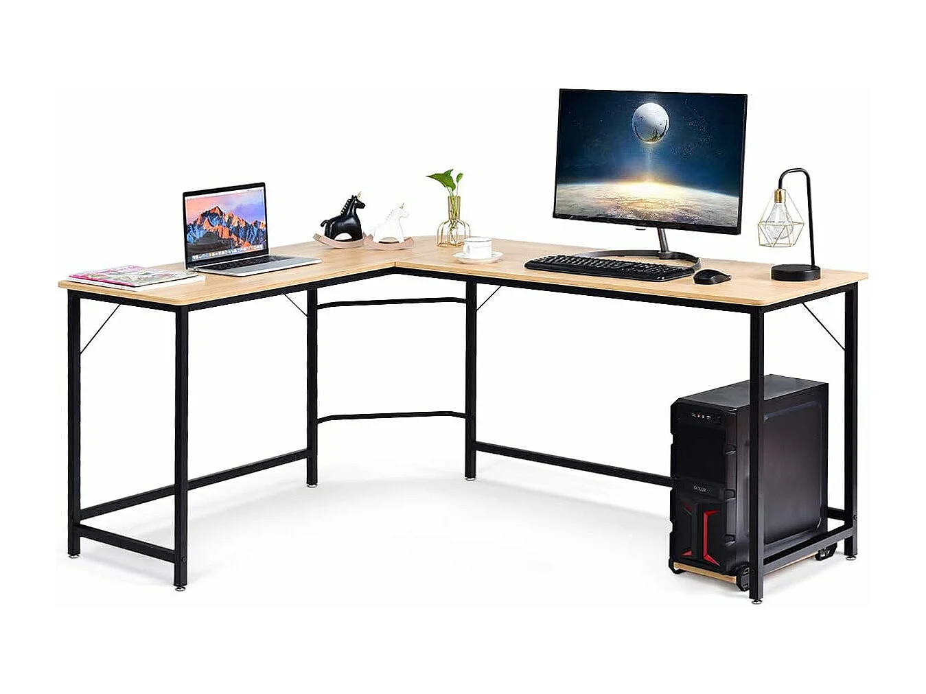Bureau informatic en forme L avec Support PC Central, Poste de Travail Industriel Bureau Informatique Cadre en Fer, Table d'Ordianteaur pour Bureau, Salon, 168 x 125 x 74 cm(Naturel)