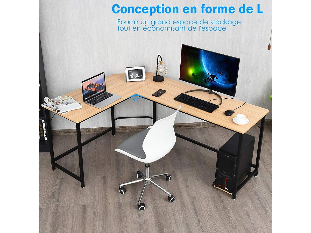 Bureau informatic en forme L avec Support PC Central, Poste de Travail Industriel Bureau Informatique Cadre en Fer, Table d'Ordianteaur pour Bureau, Salon, 168 x 125 x 74 cm(Naturel)