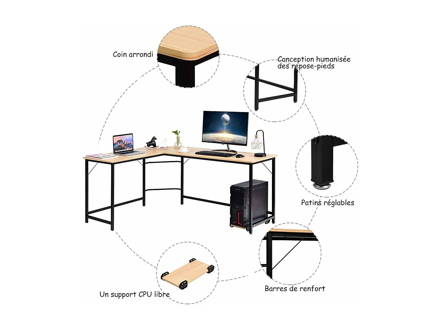 Bureau informatic en forme L avec Support PC Central, Poste de Travail Industriel Bureau Informatique Cadre en Fer, Table d'Ordianteaur pour Bureau, Salon, 168 x 125 x 74 cm(Naturel)