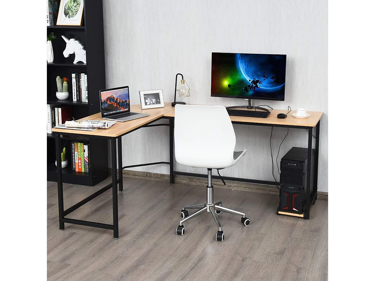 Bureau informatic en forme L avec Support PC Central, Poste de Travail Industriel Bureau Informatique Cadre en Fer, Table d'Ordianteaur pour Bureau, Salon, 168 x 125 x 74 cm(Naturel)