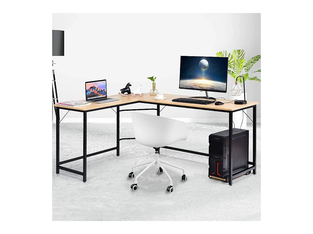 L-vormig computerbureau met centrale pc-standaard, industrieel werkstation computerbureau ijzeren frame, computertafel voor kantoor, woonkamer, 168 x 125 x 74 cm (natuurlijk)
