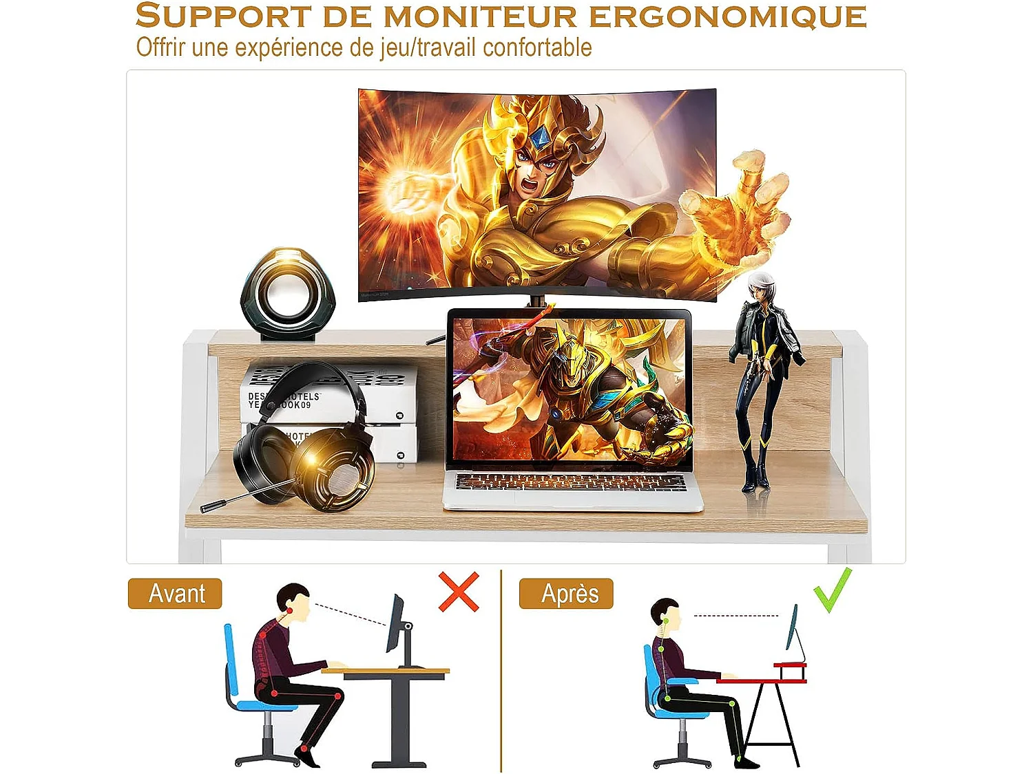 Bureau Informatique en Bois avec 2 Etagère Tablette Moniteur Charge 50KG Couleur Naturel pour Chambre,Bureau,Salon
